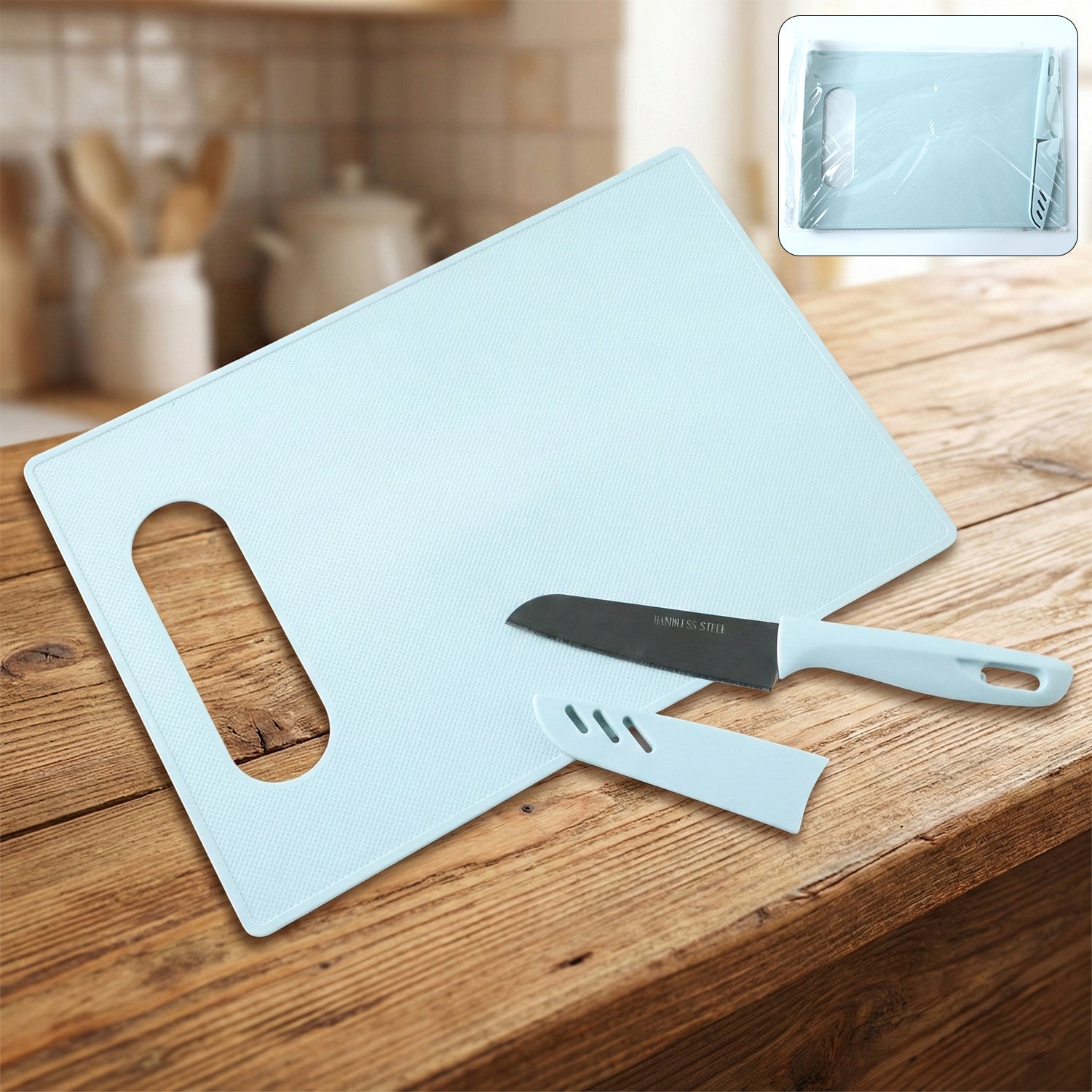 2-in-1 multipurpose kitchen chopping board with knife laid out