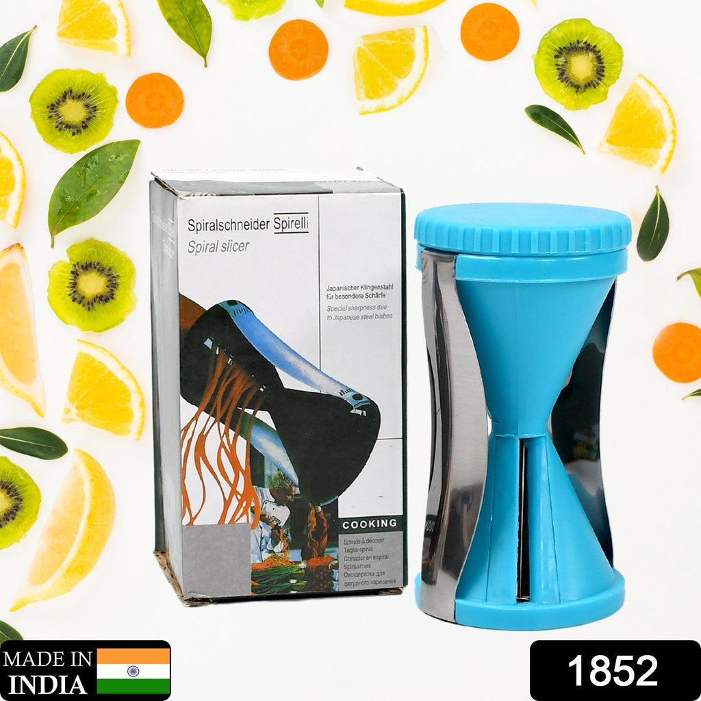 Compact fruit and vegetable spiralizer with dual stainless steel blades.