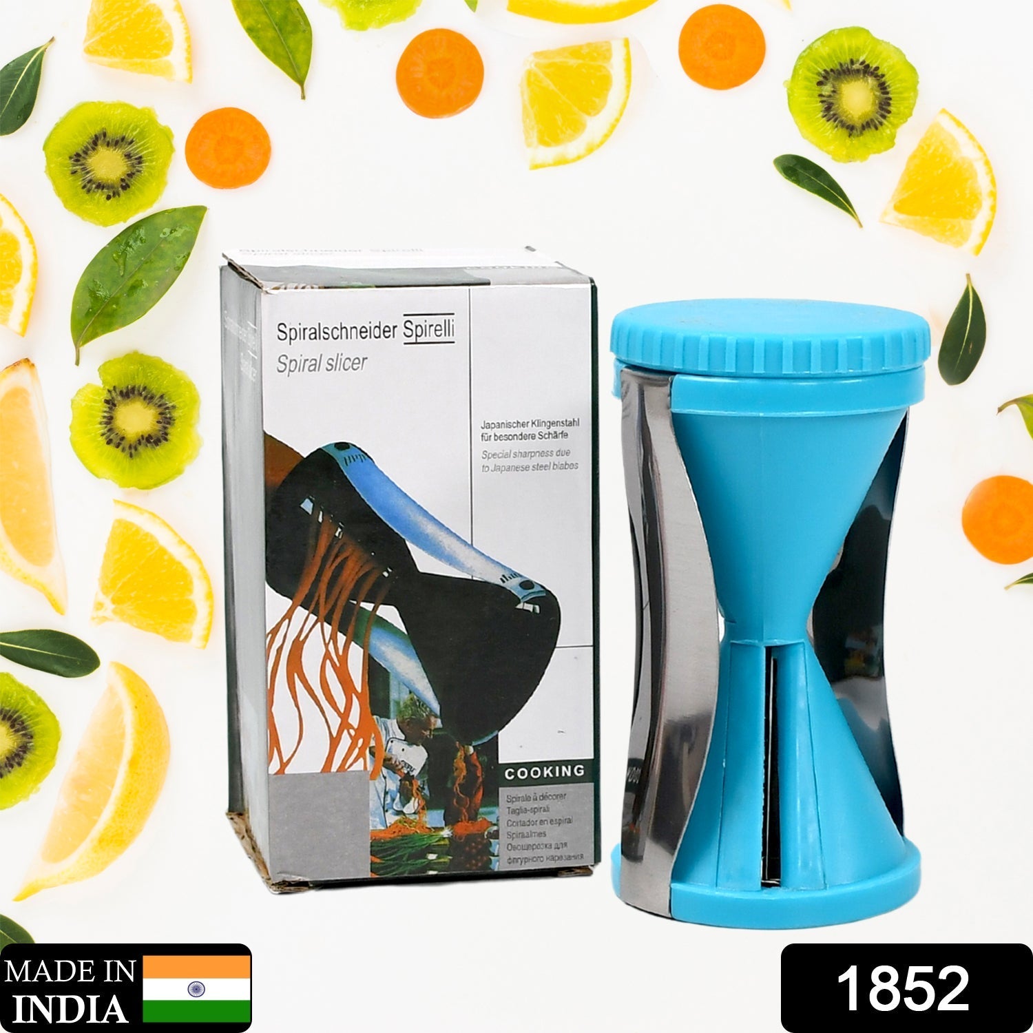 Compact fruit and vegetable spiralizer with dual stainless steel blades.