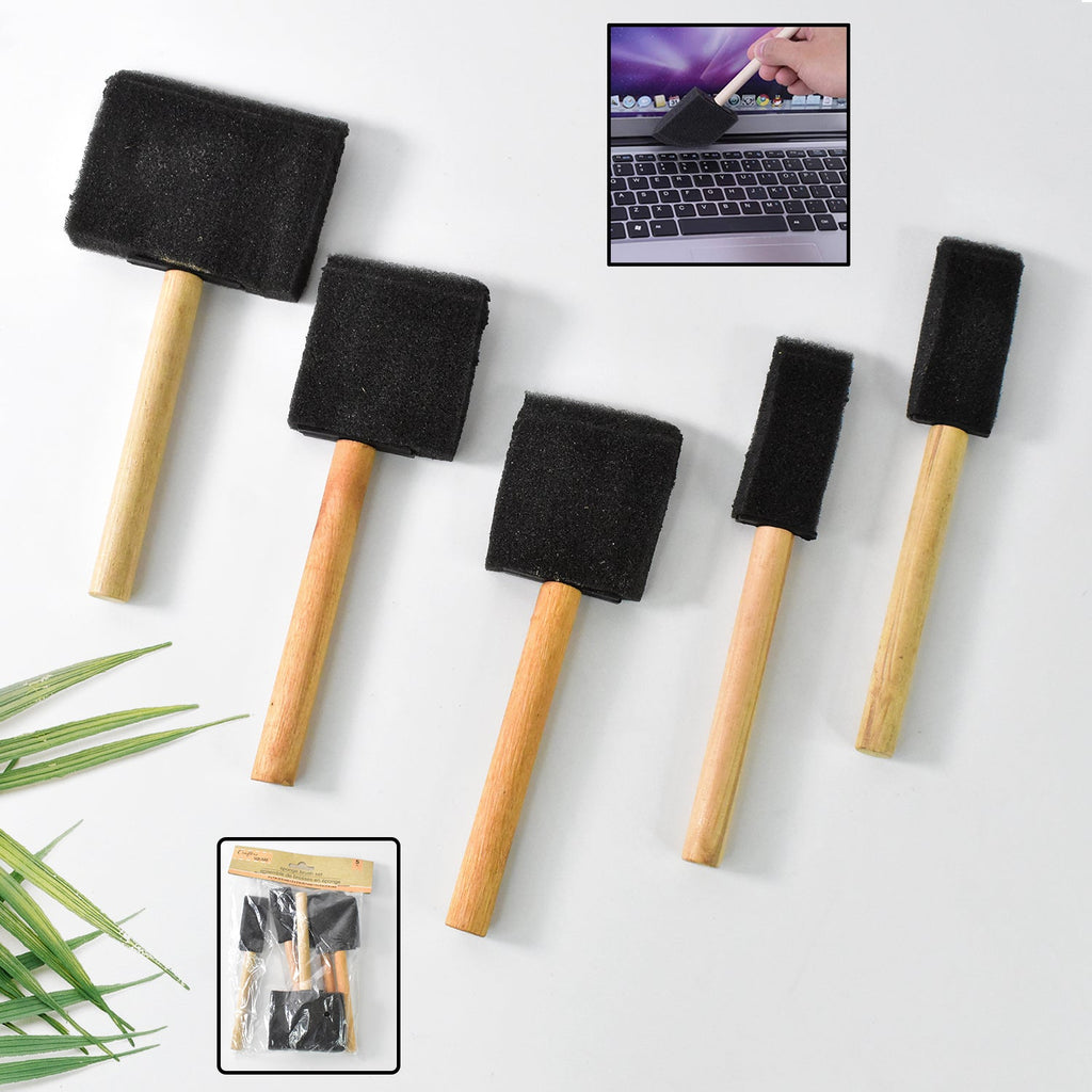 Set of 5 sponge paint brushes with durable wooden handles for versatile painting