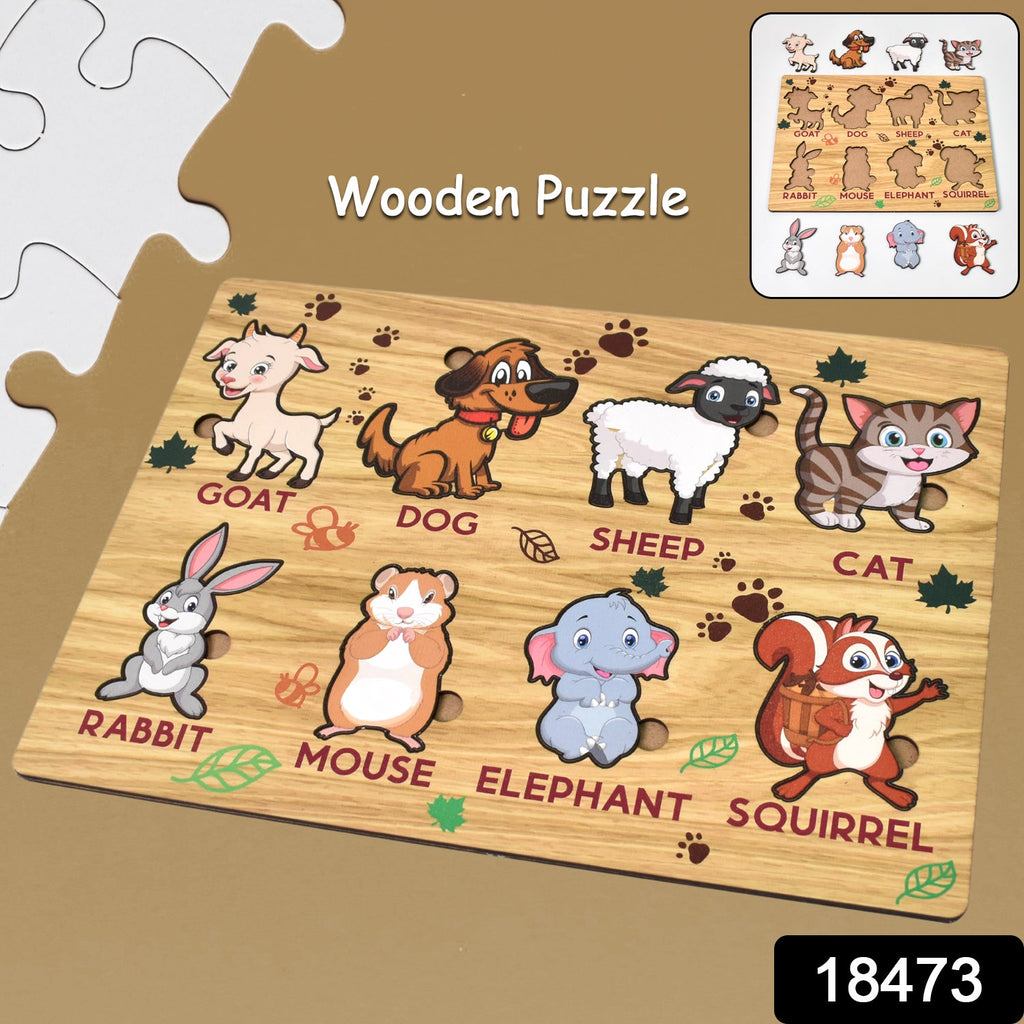 Top-down view of the wooden animal puzzle with various animal shapes.