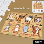 Top-down view of the wooden animal puzzle with various animal shapes.
