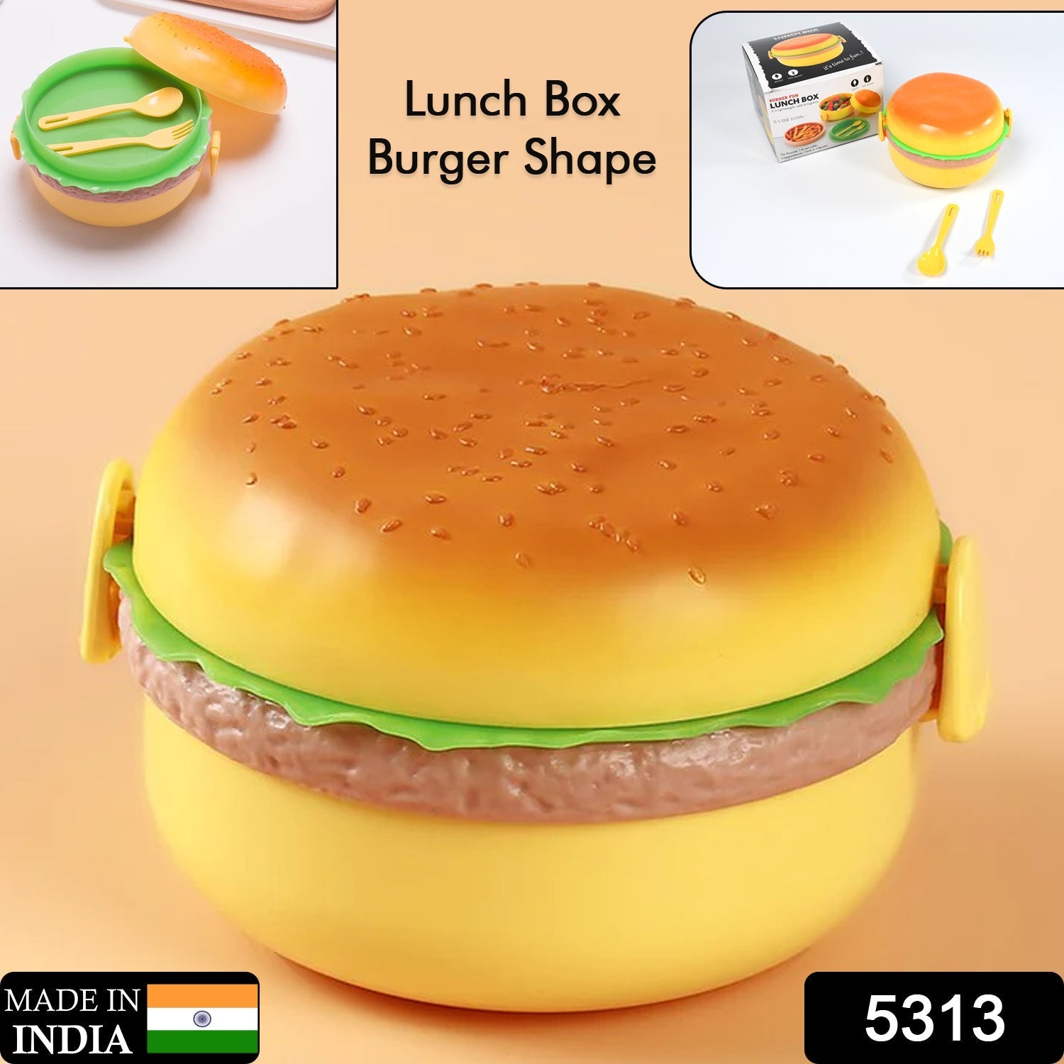 The fun burger shape lunch box includes a spoon and fork.
