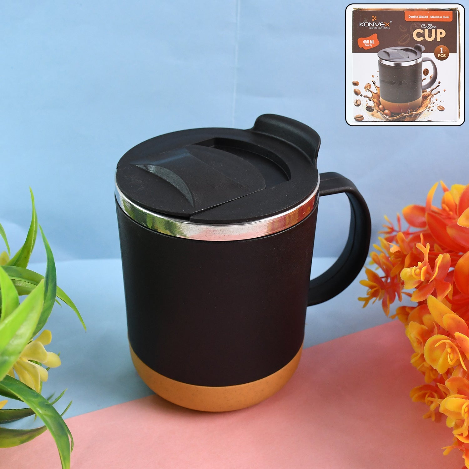 Insulated coffee mug keeping drinks hot or cold with spill-proof lid