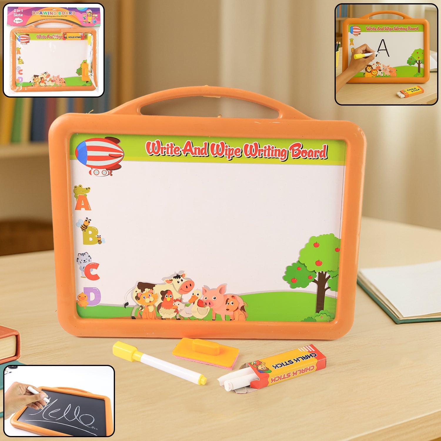 Educational drawing board with reversible whiteboard and chalkboard surfaces for kids