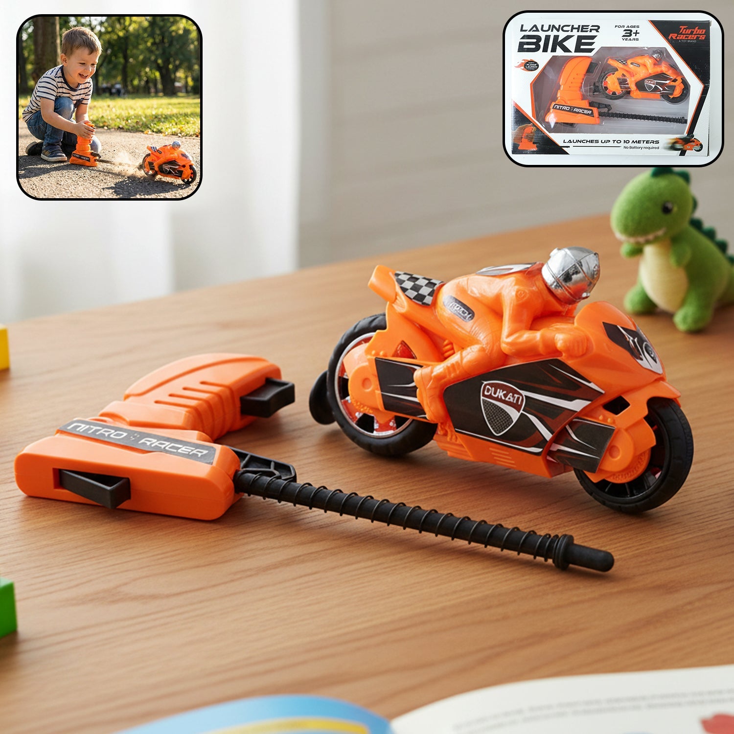 Red launcher racing bike toy for kids with manual pull mechanism