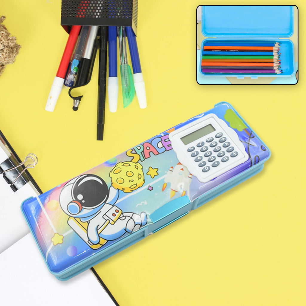 Magnetic geometry box with calculator, pens, pencils, and art supplies.