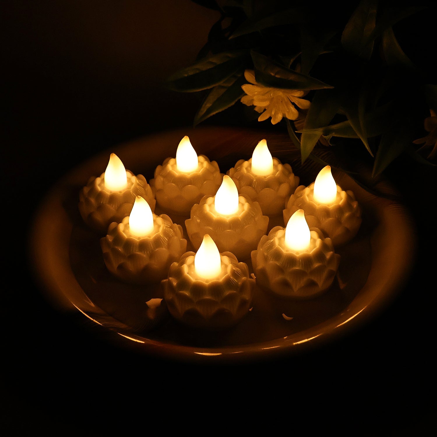 Set of 8 lotus shaped LED flameless tealight candles with warm white glow