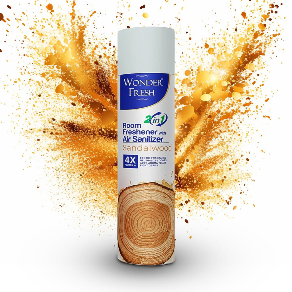 Wonder Fresh Sandalwood Air Freshener 125g bottle, front view, for refreshing home.