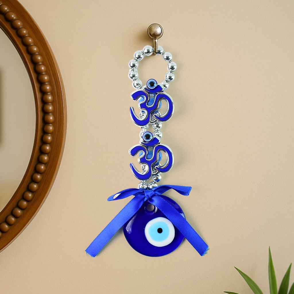 Double OM Evil Eye hanging with blue Nazar disc and silver beads