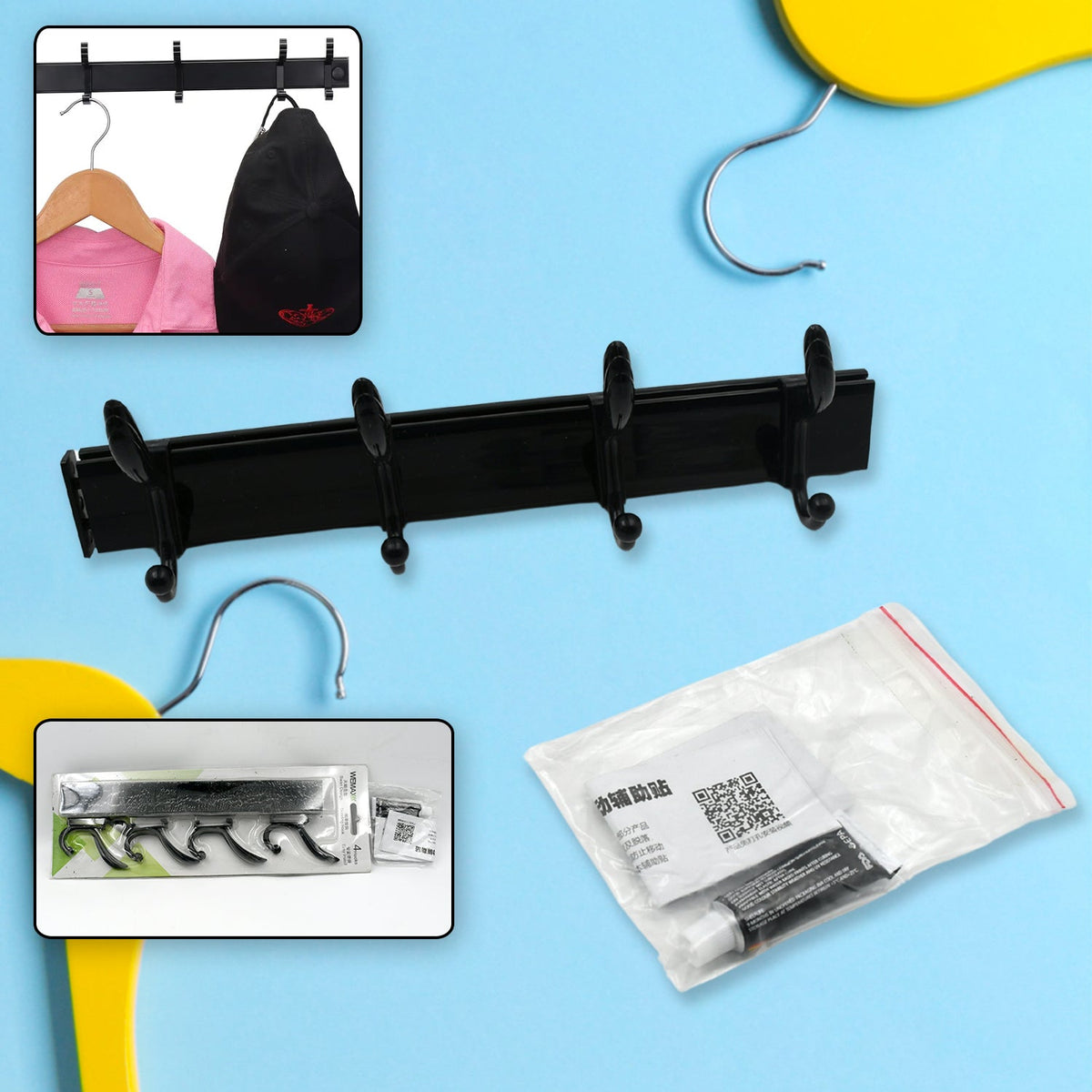 Stylish GlimmerHome wall mount coat hanger with 4 metal hooks on a wooden board.