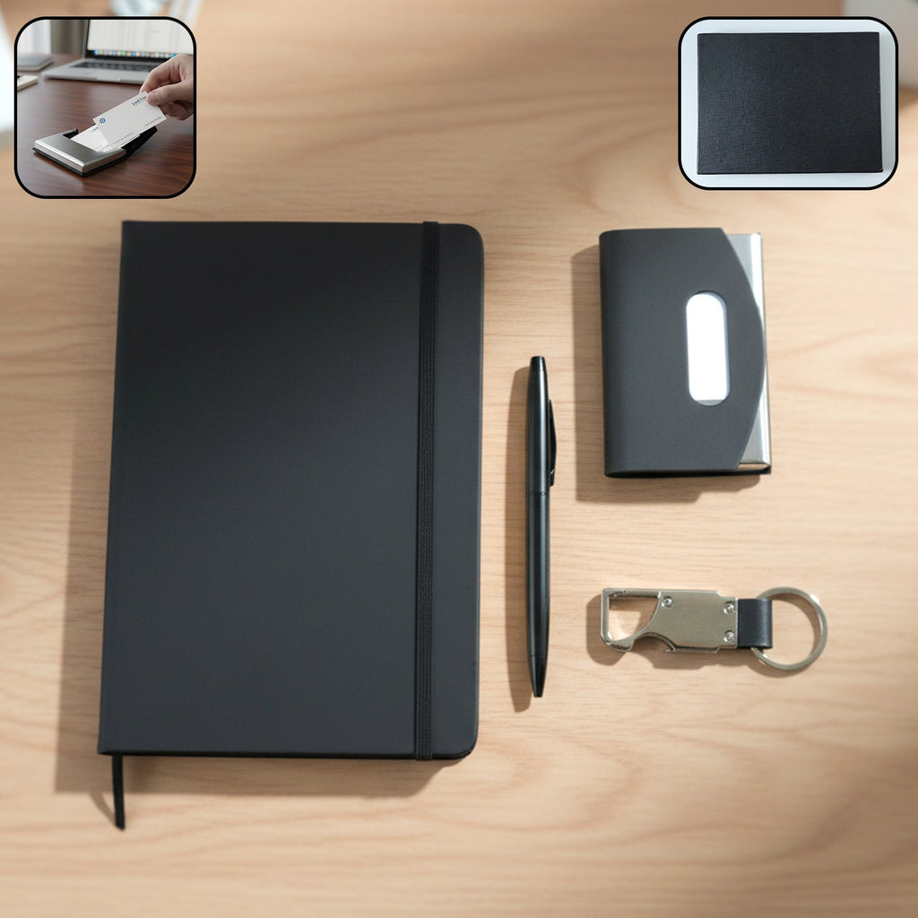 Premium travel essentials set featuring a professional notebook diary