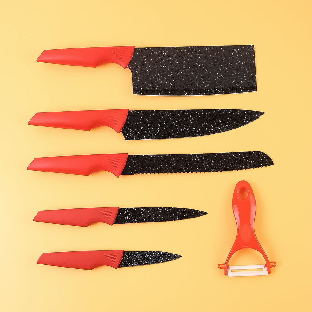 Kitchen knives with sleek marble-coated blades and bright red handles