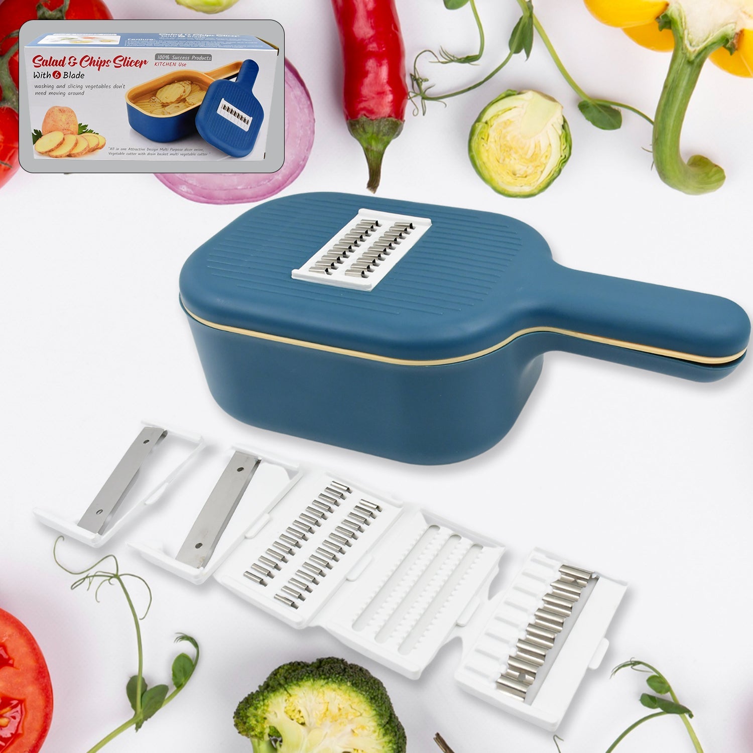 Quickslice 6-blade vegetable slicer with container on a kitchen counter.