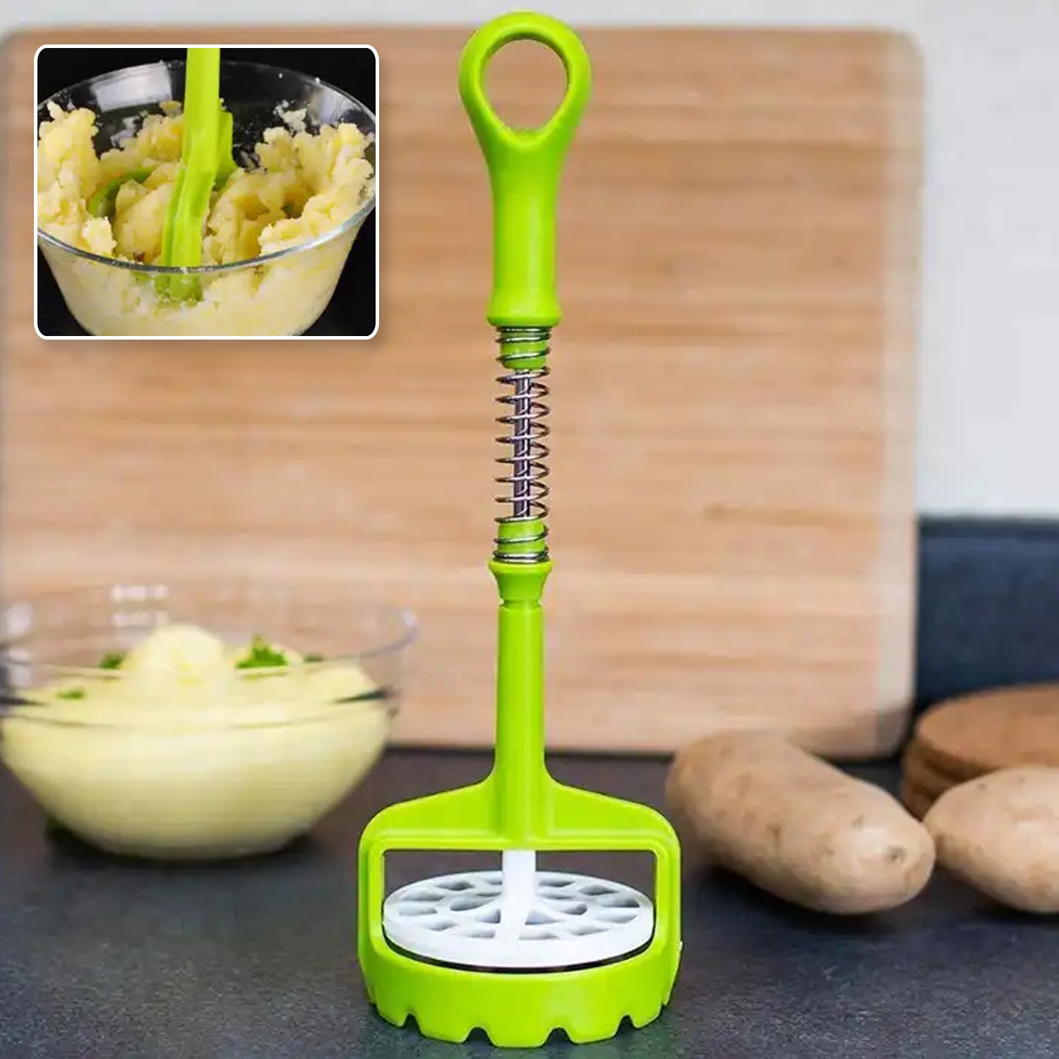 One-handed potato masher with ergonomic comfort grip and stainless steel spring.