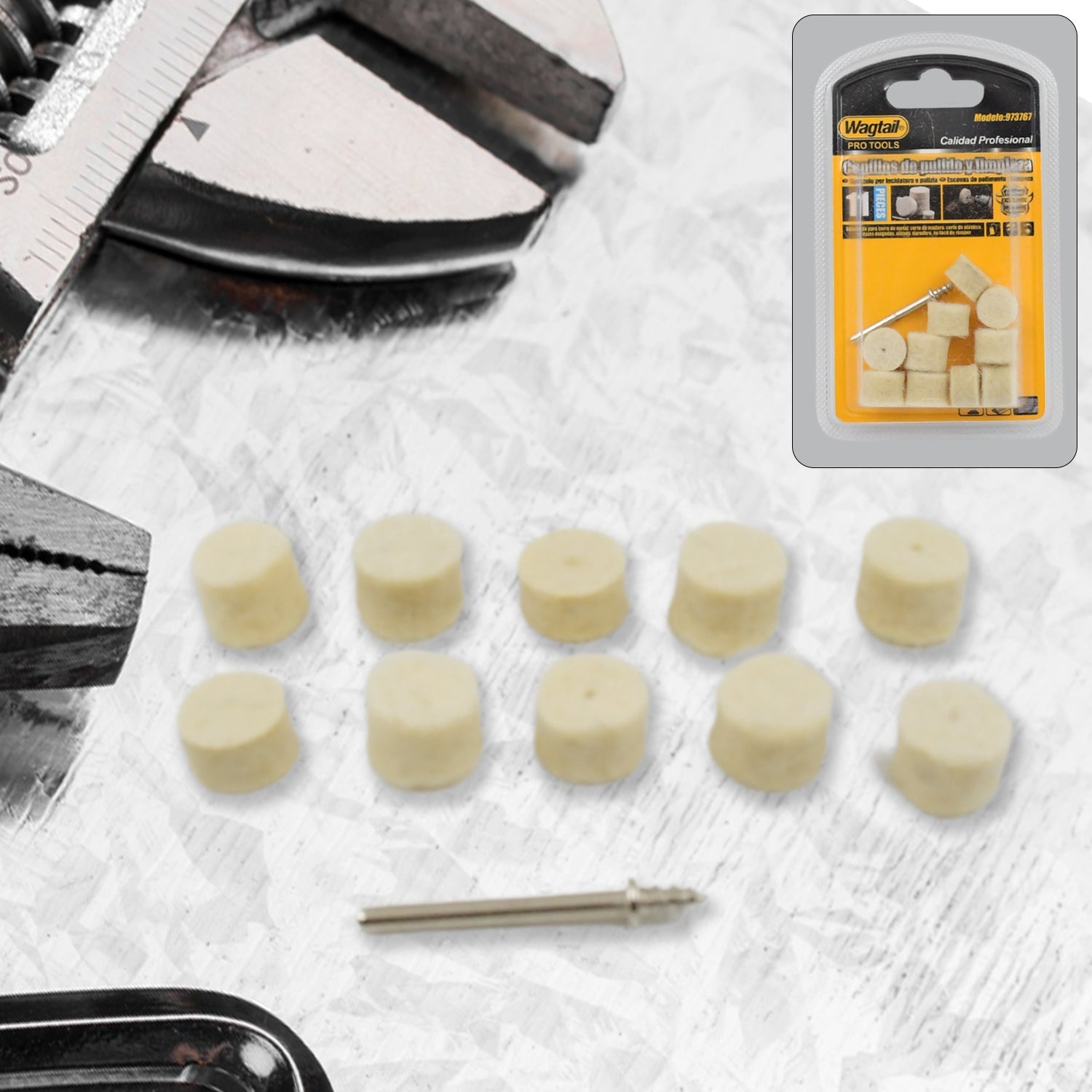 Wool Felt Polishing Pad set for rotary tools, featuring various shapes.