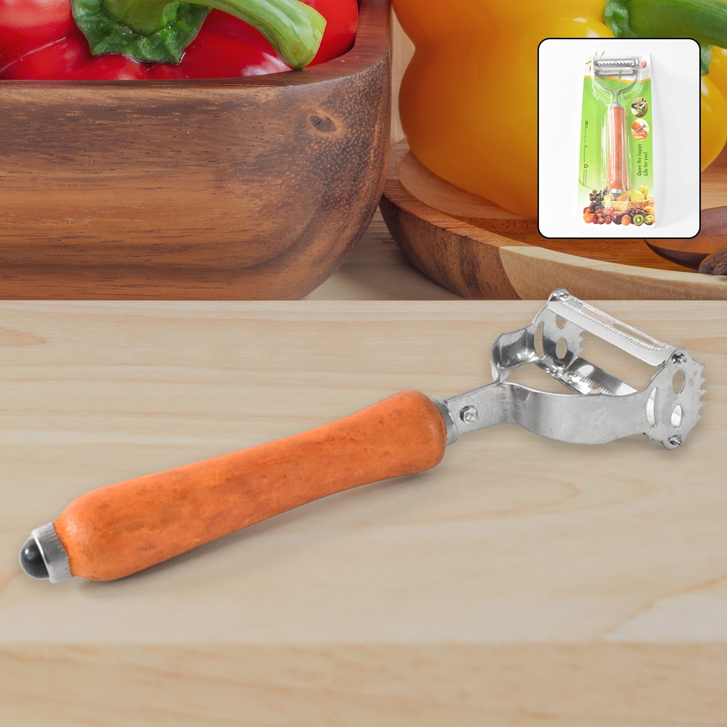 Vegetable peeler with wooden handle and sharp steel blade for kitchen use