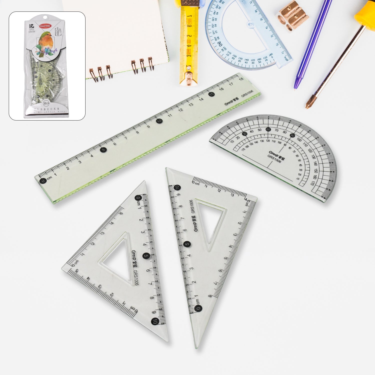 4-piece geometry set with transparent triangle ruler and protractor for precise measurement