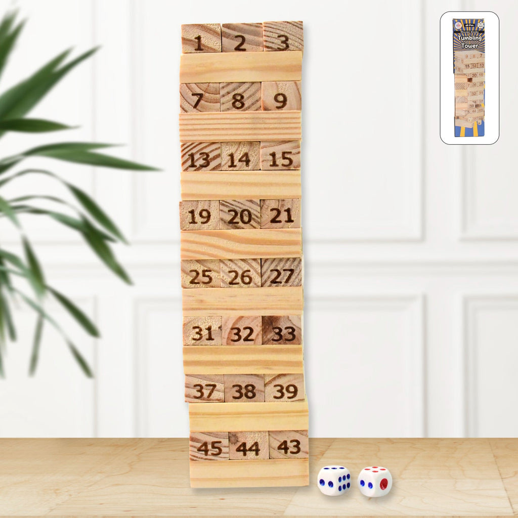 A fully stacked Wooden Tumbling Tower Game with 48 natural wooden blocks, ready for play.