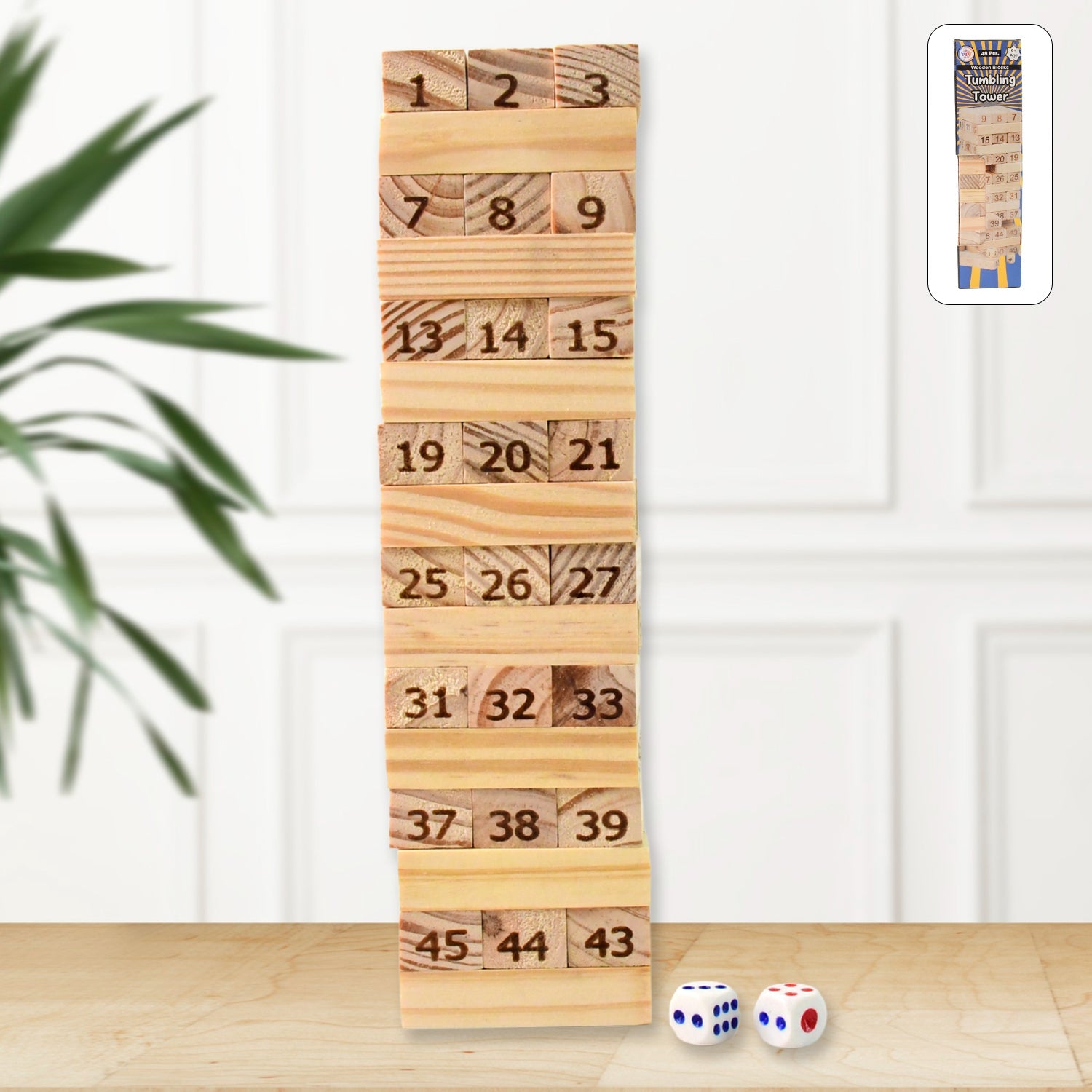 A fully stacked Wooden Tumbling Tower Game with 48 natural wooden blocks, ready for play.