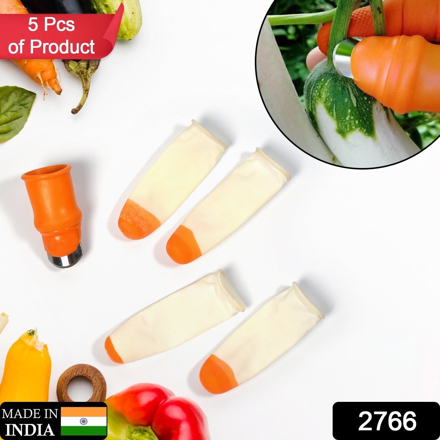 Close-up of individual sharp-bladed Vegetable Thumb Cutters from the 5-piece set.