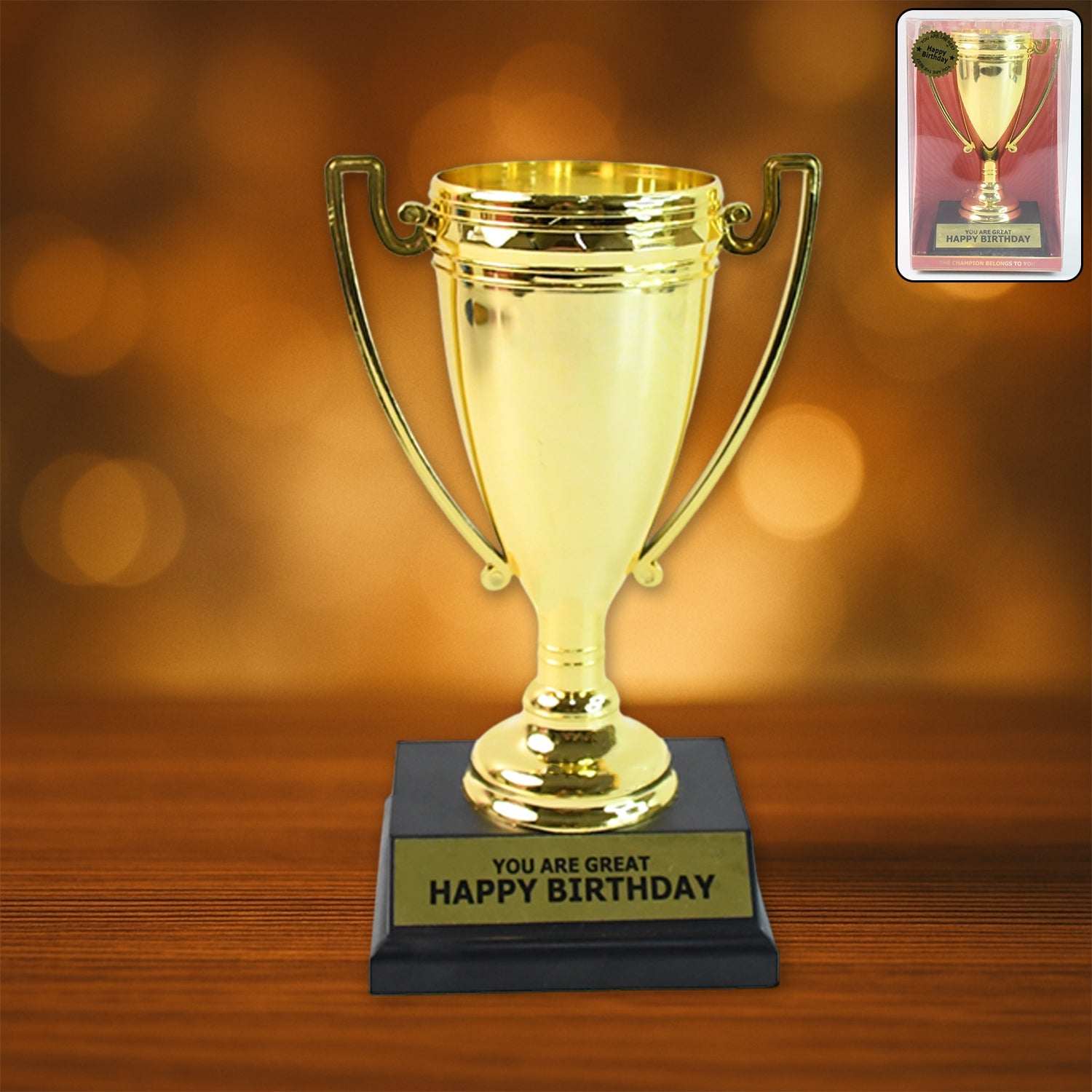 Golden Birthday Trophy with metallic gold finish and black base