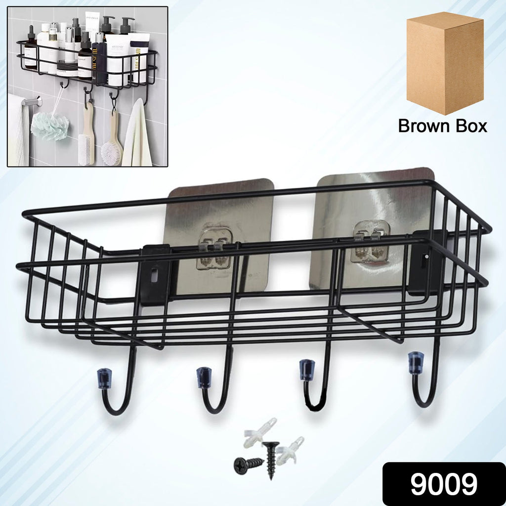 Side angle showing multiple tiers of the iron shower shelf rack