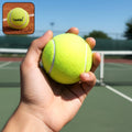 Close-up of a vibrant, high bounce tennis ball suitable for indoor and outdoor courts