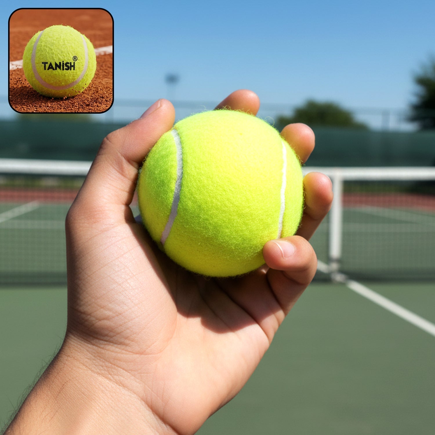 Close-up of a vibrant, high bounce tennis ball suitable for indoor and outdoor courts