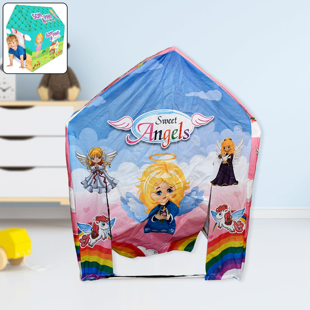 Child playing in a colourful school-themed kids play tent house.