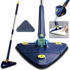 Triangle mop with extendable handle and 360° rotating head for versatile cleaning.