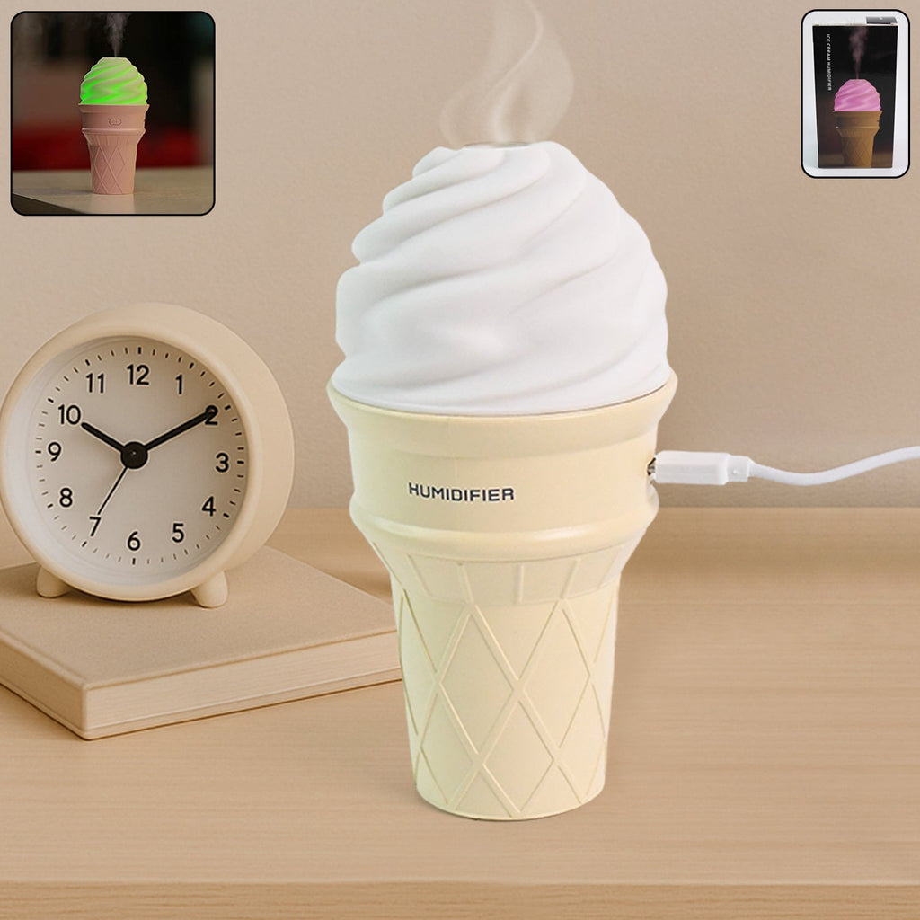 Portable Ice Cream Cone Humidifier releasing cool mist on a desk with LED light
