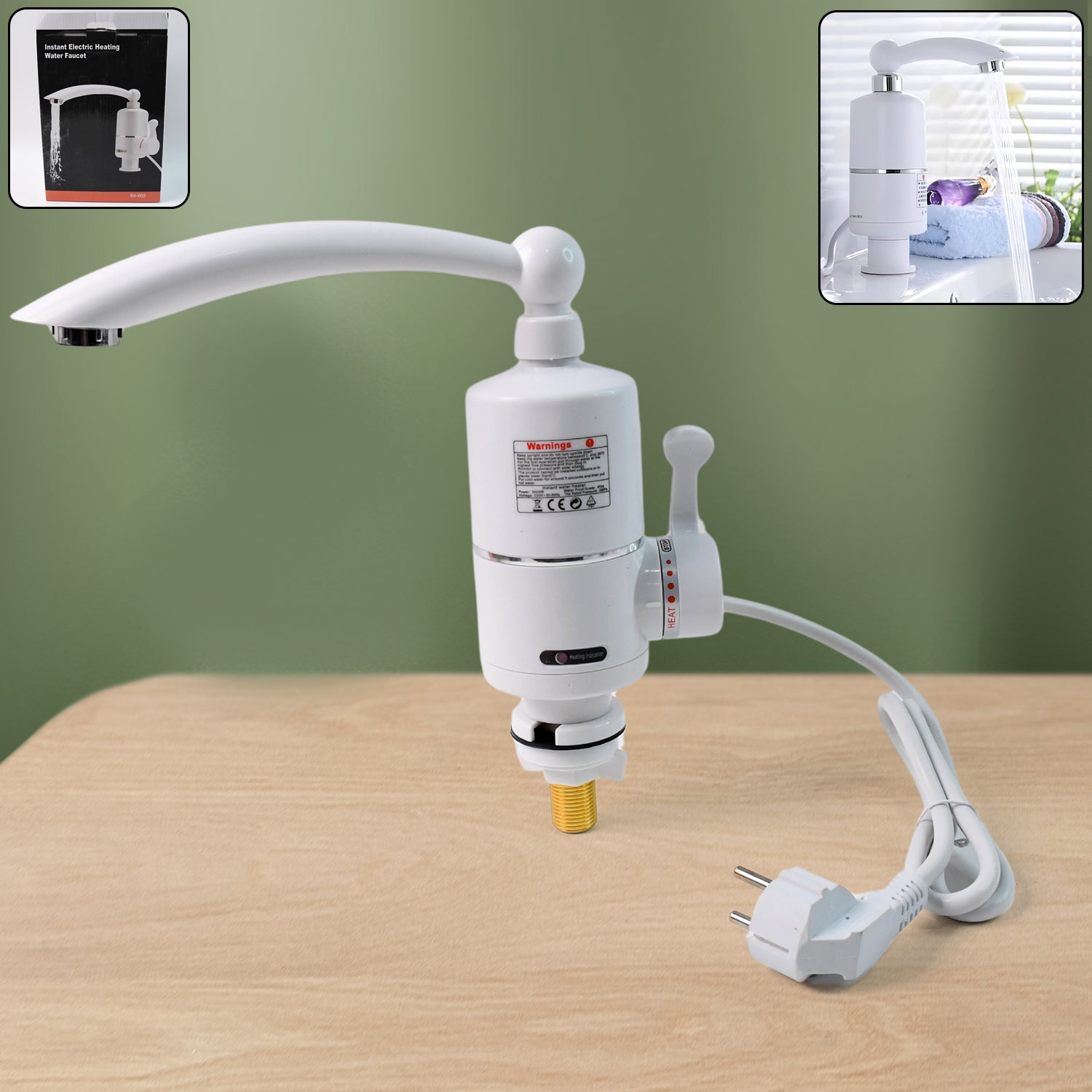 Electric water heater faucet showing front view with instant hot water feature