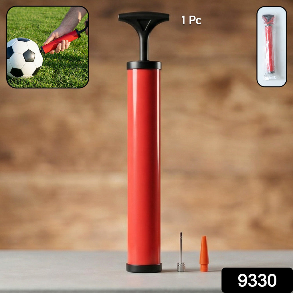 Close-up of the durable plastic ball pump with its included inflation pin.