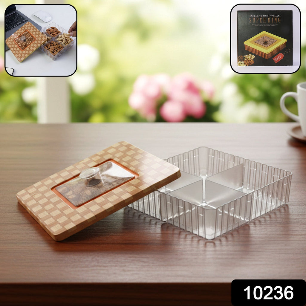 Elegant plastic dry fruit box with a woven design and four compartments