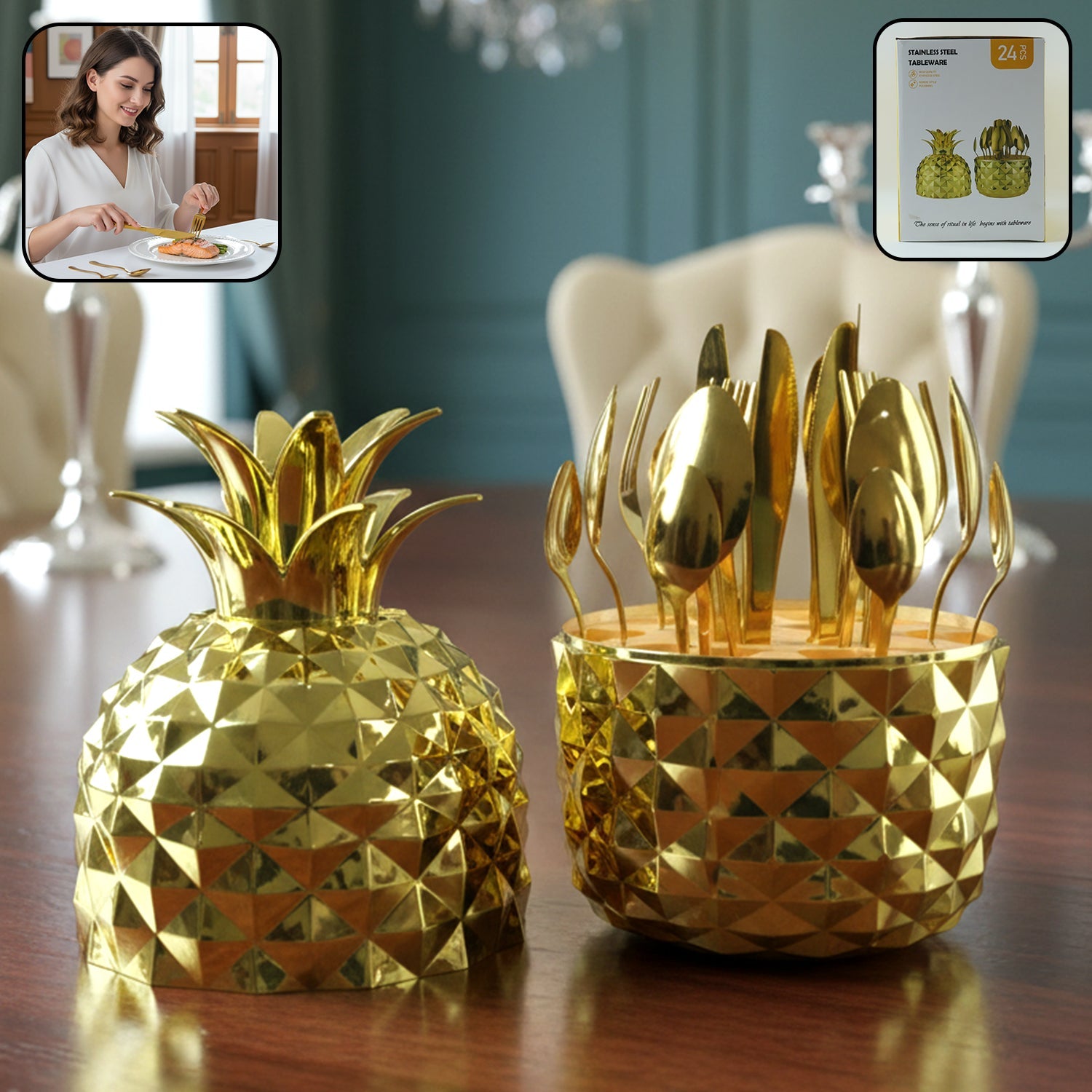 Gold stainless steel cutlery set displayed with a unique pineapple storage stand