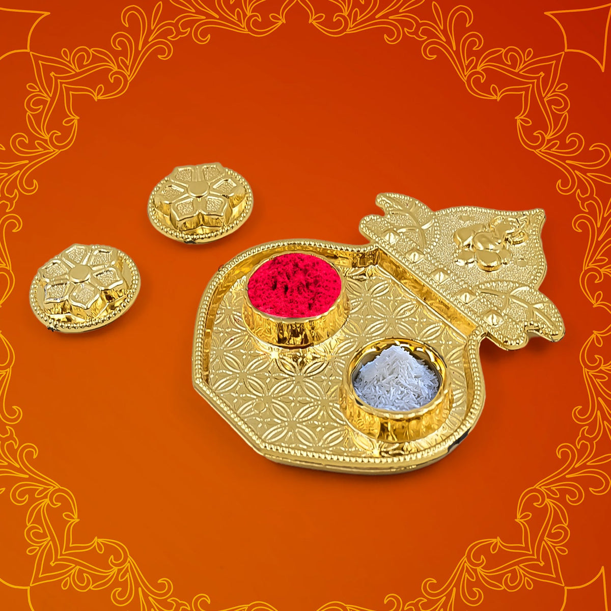 Vibrant Kalash shape Raksha Bandhan Puja Thali with kumkum holders.