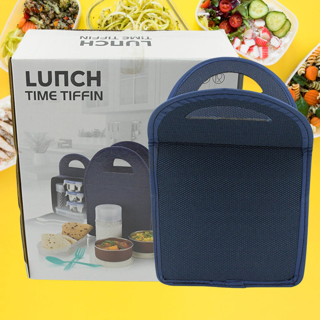 Complete 6-in-1 insulated lunch box set with stainless steel containers and accessories.