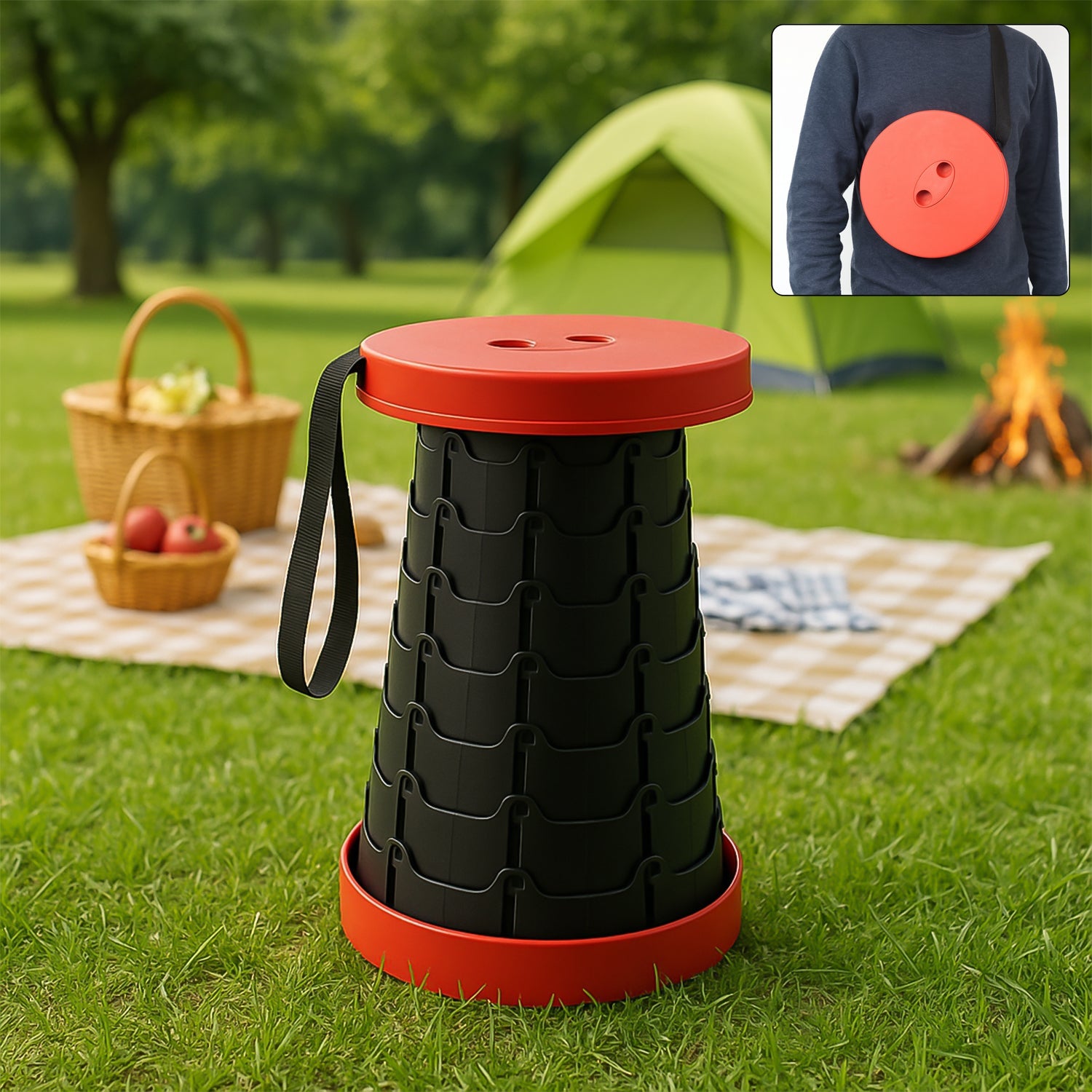 Telescopic folding stool fully extended for outdoor seating