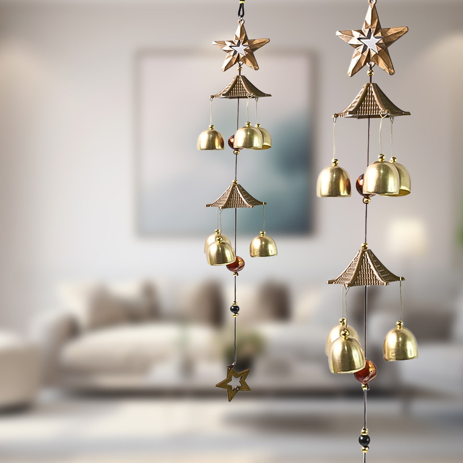 Metal dragonfly wind chime illuminating under sunshine with vivid colors, ideal for garden decor