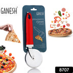 Angled view of the Ganesh pizza cutter, highlighting its sharp stainless steel blade.