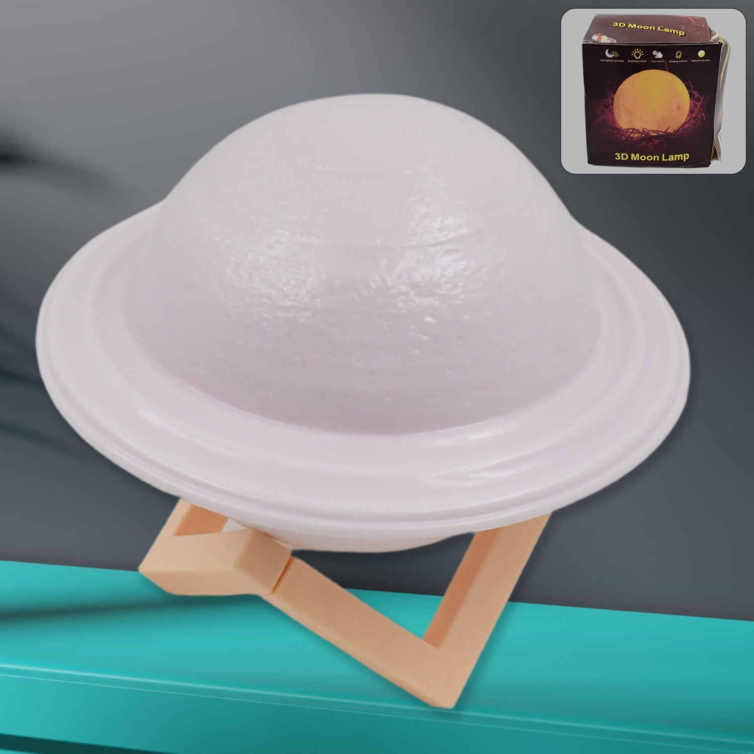 Vibrant 3D Saturn Lamp glowing with multicolor light on a dark background.