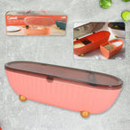 Clear 4-compartment spice box with spoons and lid for kitchen use.