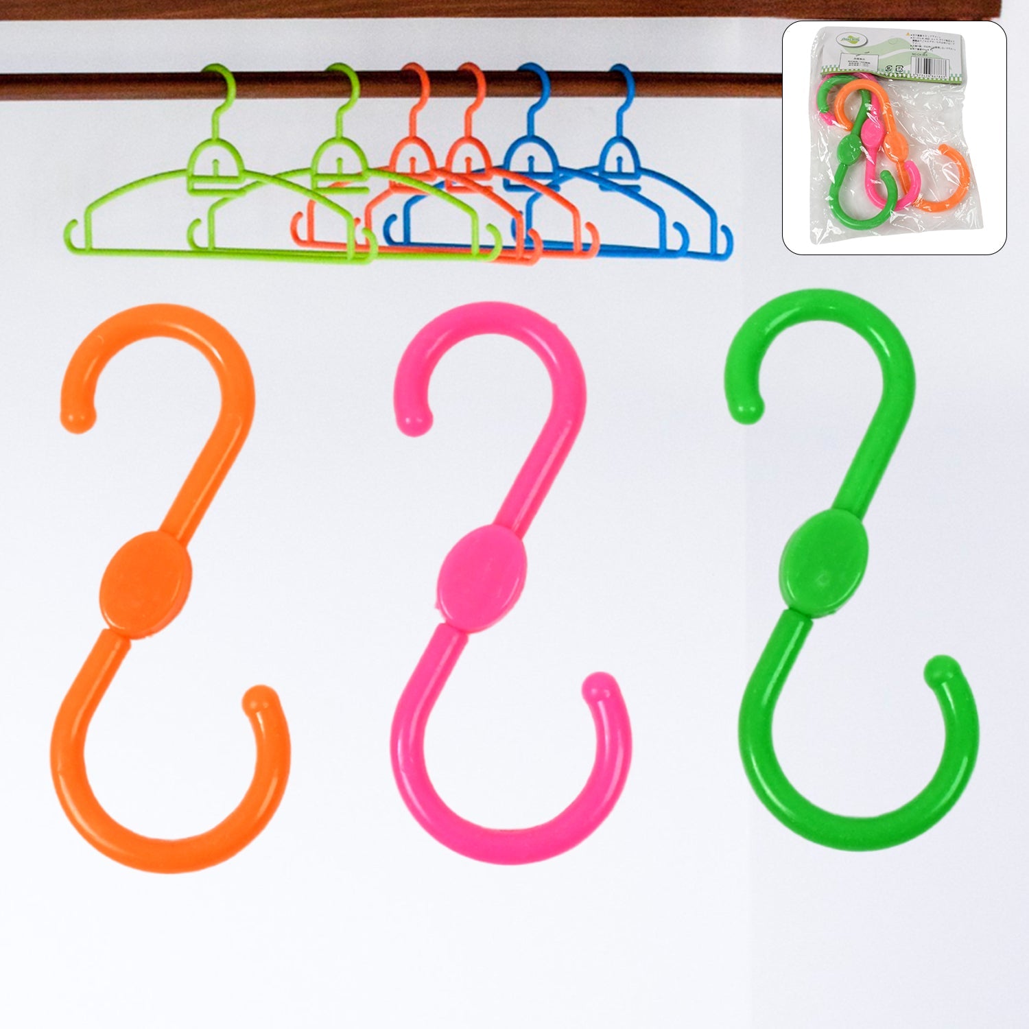 Set of 3 plastic S hooks hanging kitchen and closet items