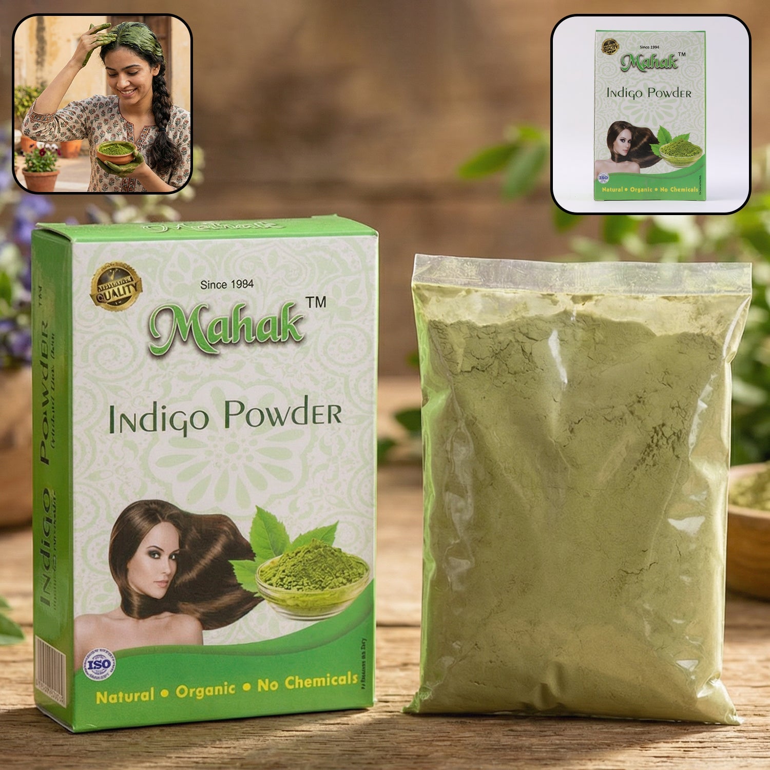 Packaging of herbal facial kit with natural indigo powder