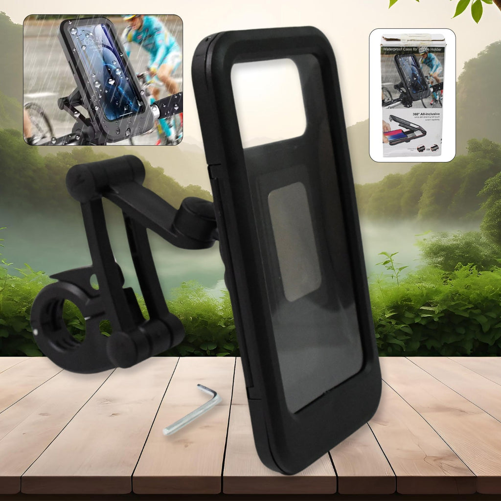 Indo Glow waterproof bike phone mount securely attached to a bicycle handlebar, showing 360° rotation.