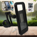 Indo Glow waterproof bike phone mount securely attached to a bicycle handlebar, showing 360° rotation.