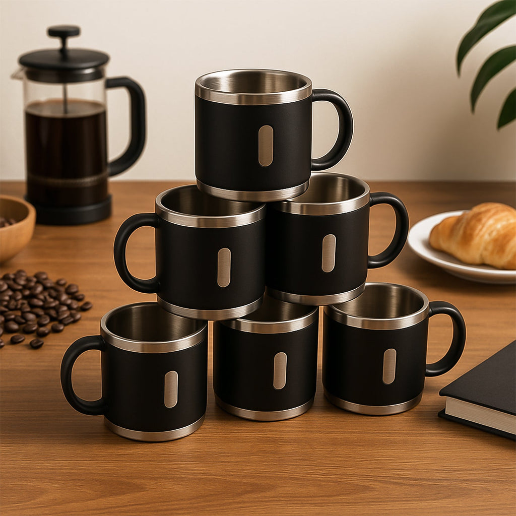 Set of six black double wall stainless steel coffee mugs with handles, 150 ML capacity each