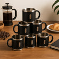 Set of six black double wall stainless steel coffee mugs with handles, 150 ML capacity each