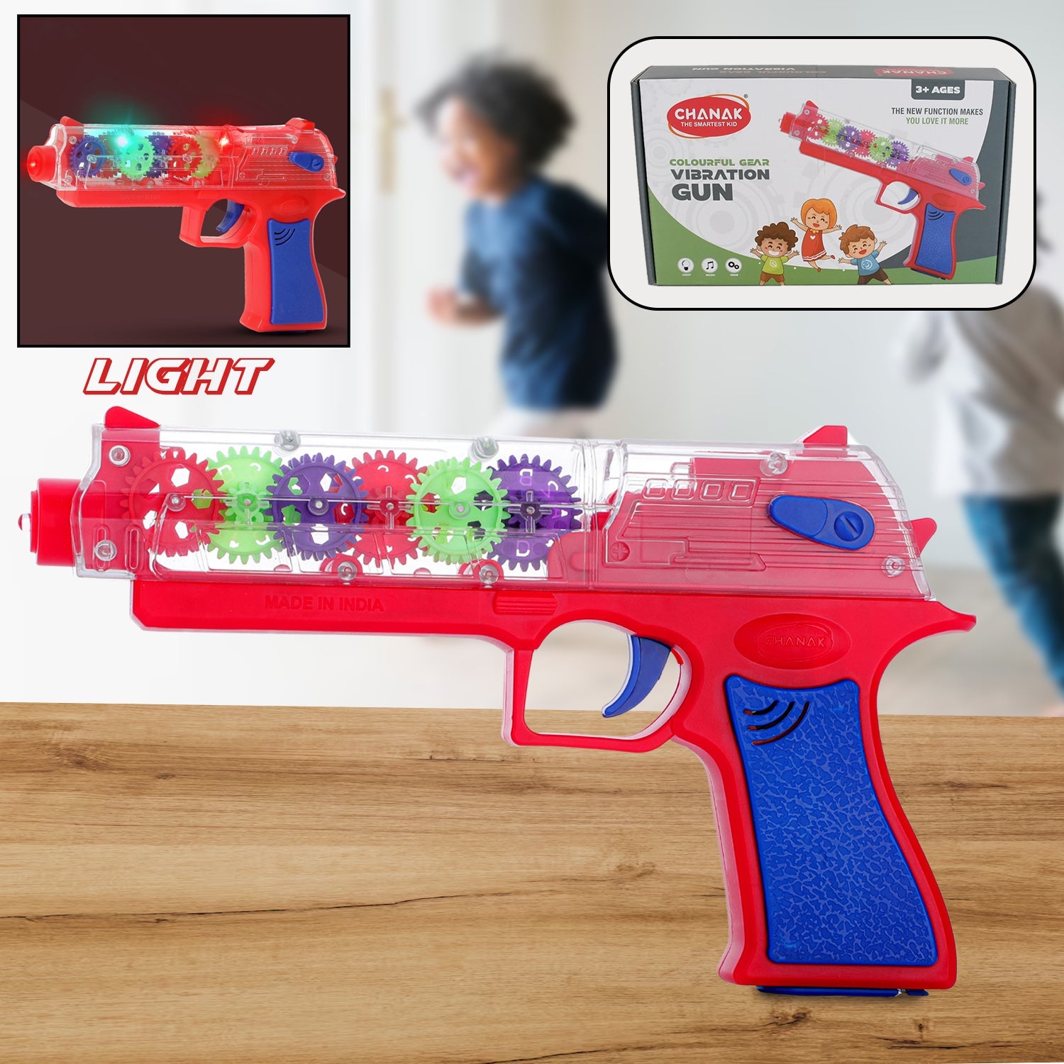 A child's Transparent Gear Toy Gun featuring vibrant 3D lights and engaging music.